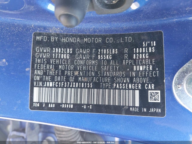 Aukcja sprzedaży 2018 Honda Civic Ex-t, vin: JHMFC1F37JX018155, numer aukcji: 44859382