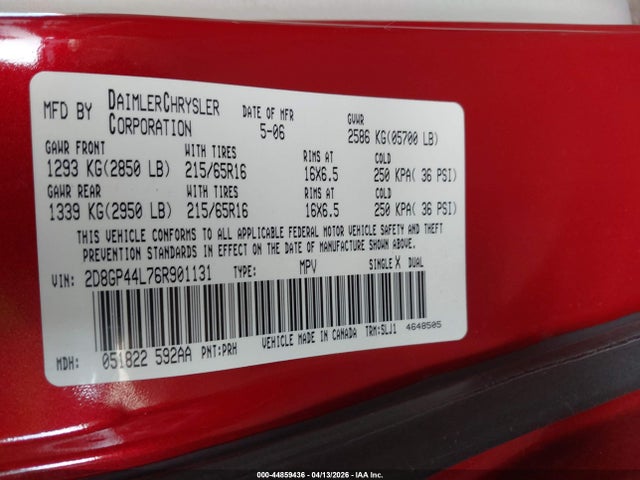Продажа на аукционе авто 2006 Dodge Grand Caravan Sxt, vin: 2D8GP44L76R901131, номер лота: 44859436