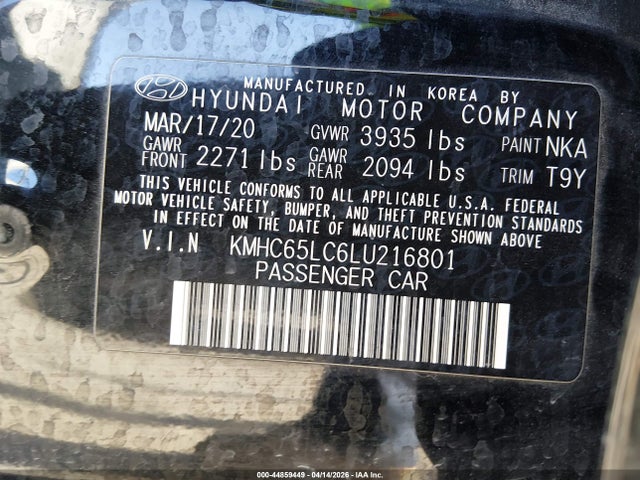Продаж на аукціоні авто 2020 Hyundai Ioniq Hybrid Blue, vin: KMHC65LC6LU216801, номер лоту: 44859449