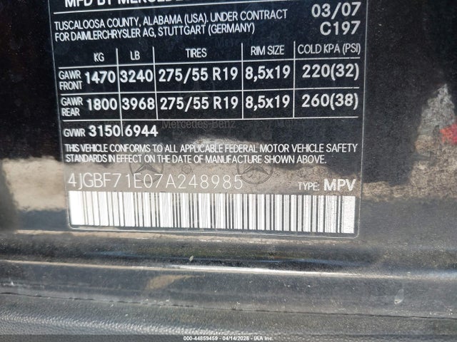 Aukcja sprzedaży 2007 Mercedes-benz Gl 450 4matic, vin: 4JGBF71E07A248985, numer aukcji: 44859459