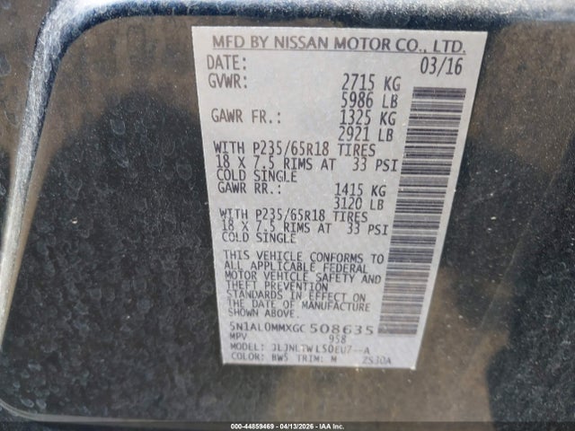 Aukcja sprzedaży 2016 Infiniti Qx60, vin: 5N1AL0MMXGC508635, numer aukcji: 44859469