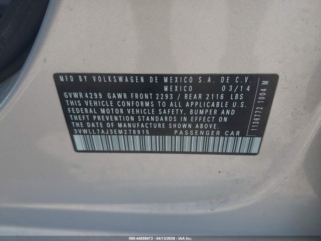 Продажа на аукционе авто 2014 Volkswagen Jetta 2.0l Tdi, vin: 3VWLL7AJ3EM278915, номер лота: 44859472