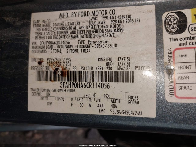 Aukcja sprzedaży 2012 Ford Fusion Se, vin: 3FAHP0HA6CR114056, numer aukcji: 44859474