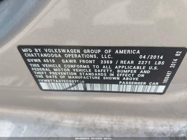 Продаж на аукціоні авто 2014 Volkswagen Passat 1.8t Se, vin: 1VWBT7A37EC097508, номер лоту: 44859476