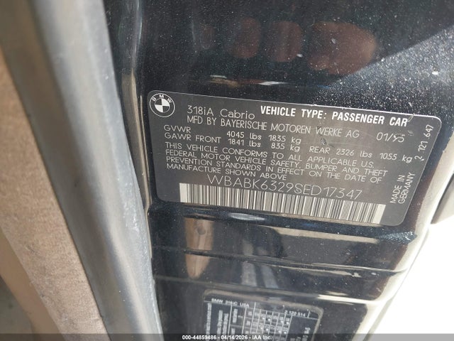 Aukcja sprzedaży 1995 Bmw 318 Ic Automatic, vin: WBABK6329SED17347, numer aukcji: 44859486