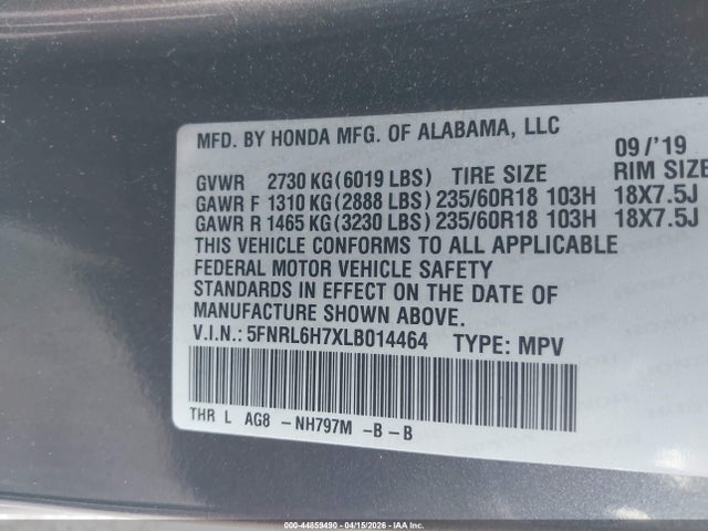 5FNRL6H7XLB014464 Honda Odyssey Ex-l/ex-l W/navi Res