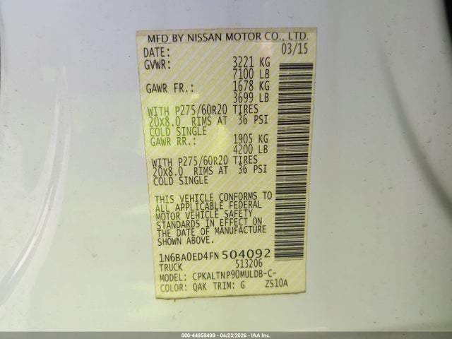 Aukcja sprzedaży 2015 Nissan Titan Sv, vin: 1N6BA0ED4FN504092, numer aukcji: 44859499
