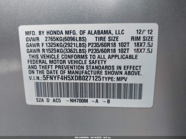Aukcja sprzedaży 2013 Honda Pilot Ex-l, vin: 5FNYF4H5XDB027125, numer aukcji: 44859505