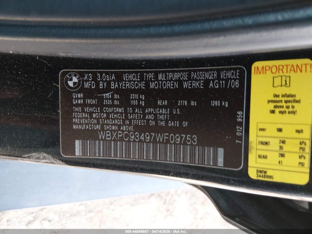 Aukcja sprzedaży 2007 Bmw X3 3.0si, vin: WBXPC93497WF09753, numer aukcji: 44859507