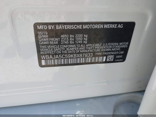 Aukcja sprzedaży 2019 Bmw 530i, vin: WBAJA5C59KBX87833, numer aukcji: 44859518