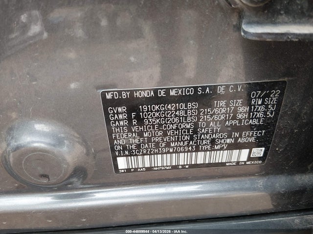 2023 Honda Hr-v Awd Lx მანქანა იყიდება აუქციონზე, vin: 3CZRZ2H39PM706943, აუქციონის ნომერი: 44859544