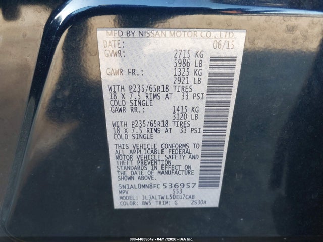 Aukcja sprzedaży 2015 Infiniti Qx60, vin: 5N1AL0MN8FC536957, numer aukcji: 44859547