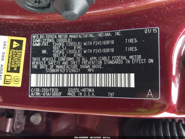 Продажа на аукционе авто 2015 Toyota Highlander Le V6, vin: 5TDBKRFH2FS126631, номер лота: 44859551