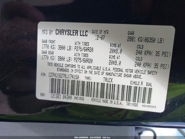 44859558 :رقم المزاد ، 1D7HU16278J174150 vin ، 2008 Dodge Ram 1500 Slt مزاد بيع