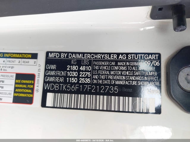 Продажа на аукционе авто 2007 Mercedes-benz Clk 350, vin: WDBTK56F17F212735, номер лота: 44859570