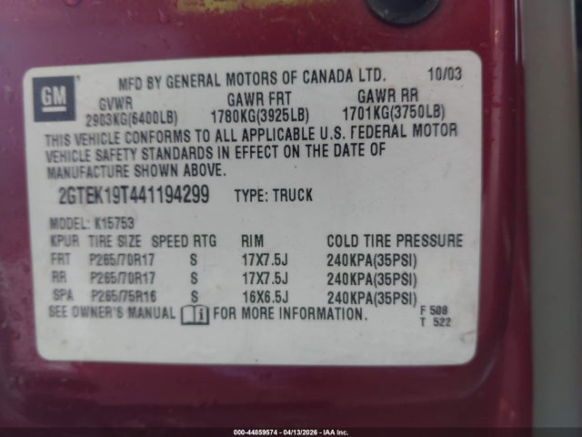 44859574 :رقم المزاد ، 2GTEK19T441194299 vin ، 2004 Gmc Sierra 1500 Slt مزاد بيع