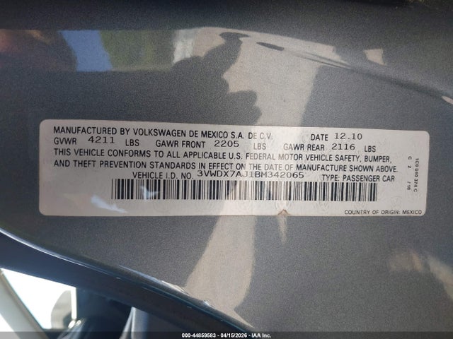 44859583 :رقم المزاد ، 3VWDX7AJ1BM342065 vin ، 2011 Volkswagen Jetta 2.5l Se مزاد بيع