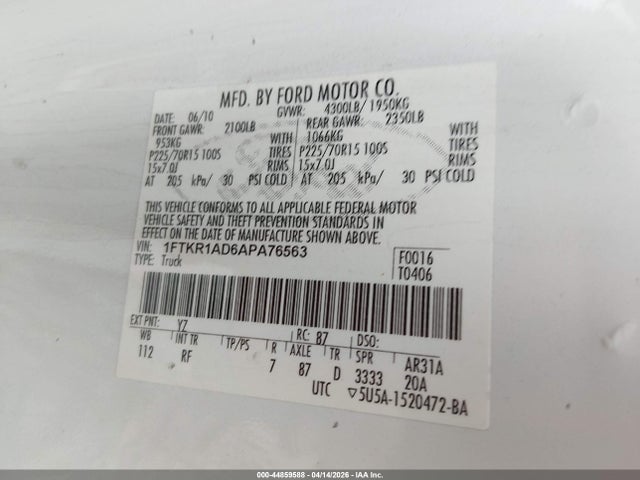 Aukcja sprzedaży 2010 Ford Ranger Xl/xlt, vin: 1FTKR1AD6APA76563, numer aukcji: 44859588