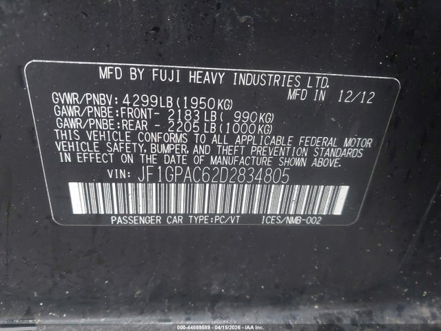 44859589 :رقم المزاد ، JF1GPAC62D2834805 vin ، 2013 Subaru Impreza 2.0i Premium مزاد بيع