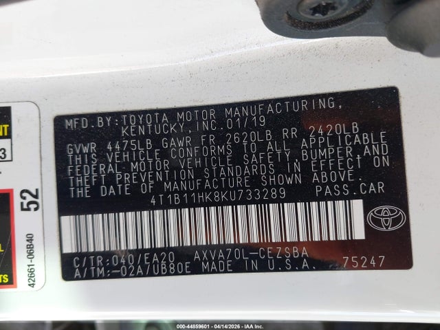 4T1B11HK8KU733289 Toyota CAMRY SE