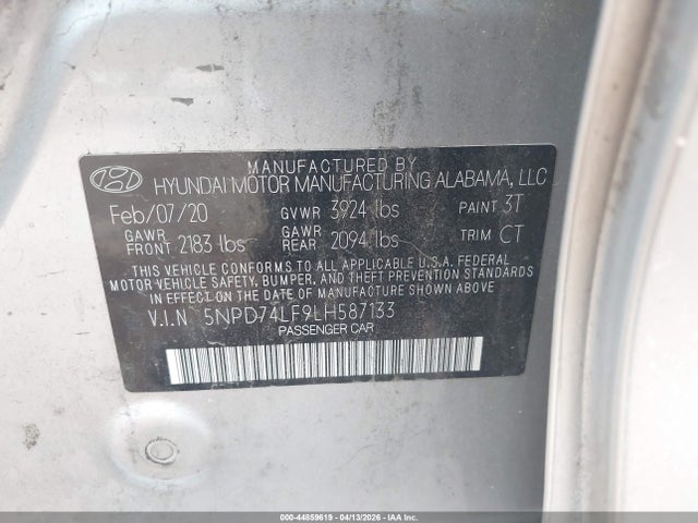 44859619 :رقم المزاد ، 5NPD74LF9LH587133 vin ، 2020 Hyundai Elantra Se مزاد بيع