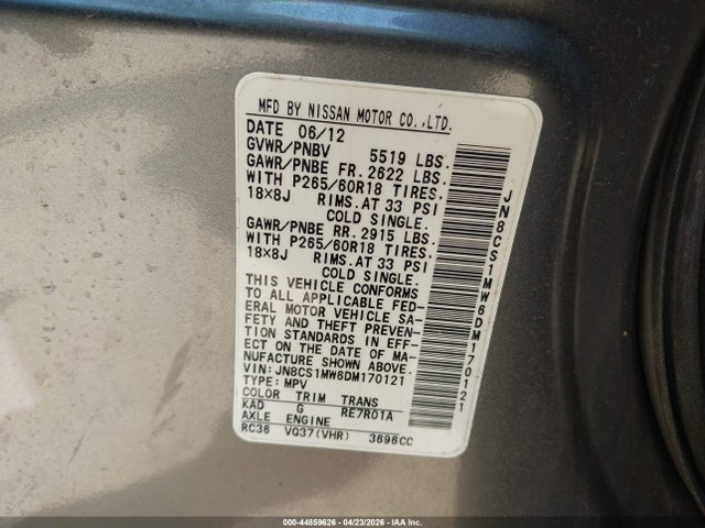 Продажа на аукционе авто 2013 Infiniti Fx37, vin: JN8CS1MW6DM170121, номер лота: 44859626