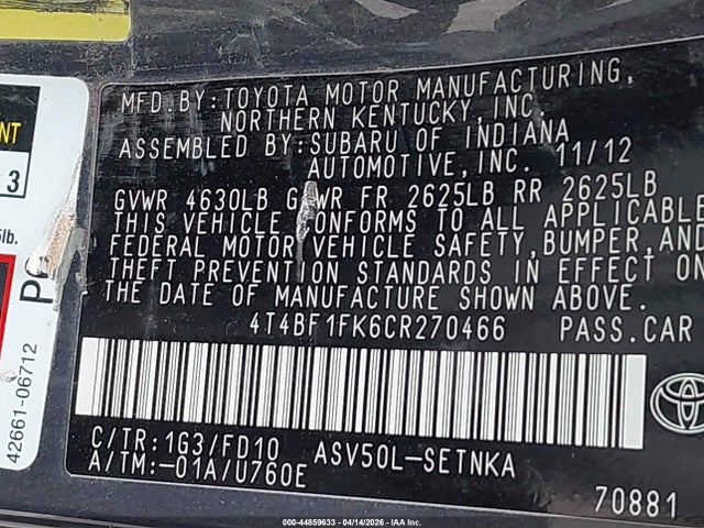 44859633 :رقم المزاد ، 4T4BF1FK6CR270466 vin ، 2012 Toyota Camry Le مزاد بيع