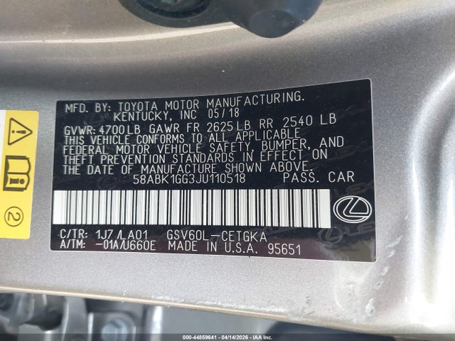 2018 Lexus Es 350 მანქანა იყიდება აუქციონზე, vin: 58ABK1GG3JU110518, აუქციონის ნომერი: 44859641