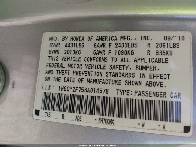 Aukcja sprzedaży 2011 Honda Accord 2.4 Ex, vin: 1HGCP2F75BA014578, numer aukcji: 44859650