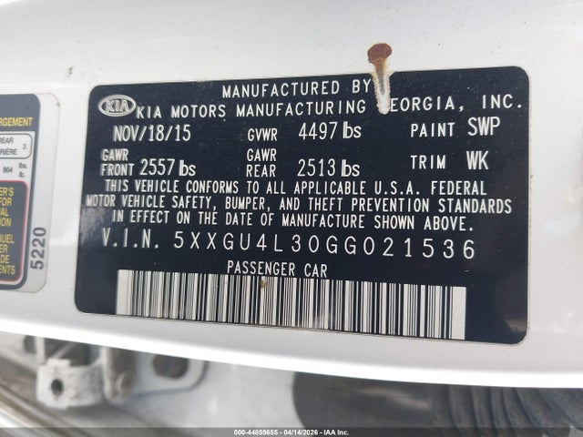 Продажа на аукционе авто 2016 Kia Optima Ex, vin: 5XXGU4L30GG021536, номер лота: 44859655