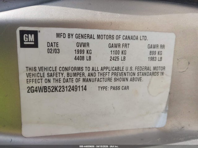 Продаж на аукціоні авто 2003 Buick Regal Ls, vin: 2G4WB52K231249114, номер лоту: 44859658