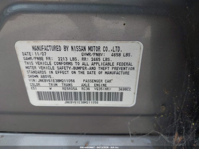 Продажа на аукционе авто 2008 Infiniti G35 Journey, vin: JNKBV61E38M211056, номер лота: 44859667