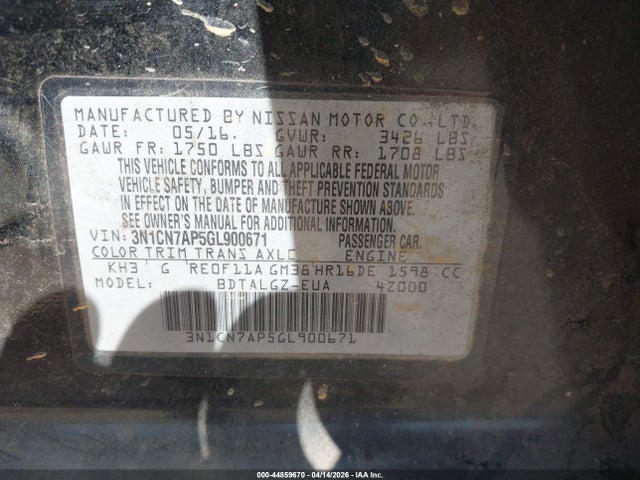 Aukcja sprzedaży 2016 Nissan Versa 1.6 Sl, vin: 3N1CN7AP5GL900671, numer aukcji: 44859670