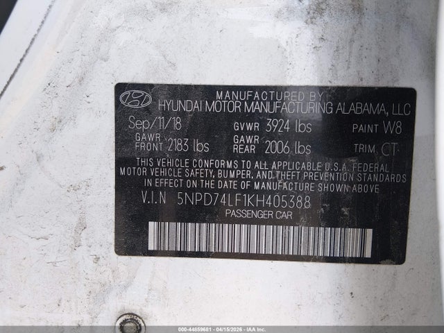 44859681 :رقم المزاد ، 5NPD74LF1KH405388 vin ، 2019 Hyundai Elantra Se مزاد بيع