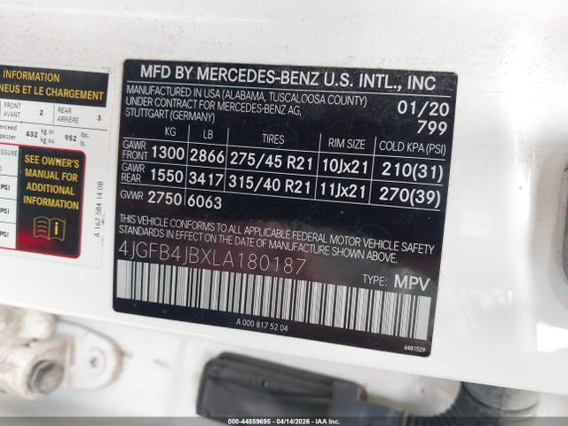 44859695 :رقم المزاد ، 4JGFB4JBXLA180187 vin ، 2020 Mercedes-benz Gle 350 مزاد بيع