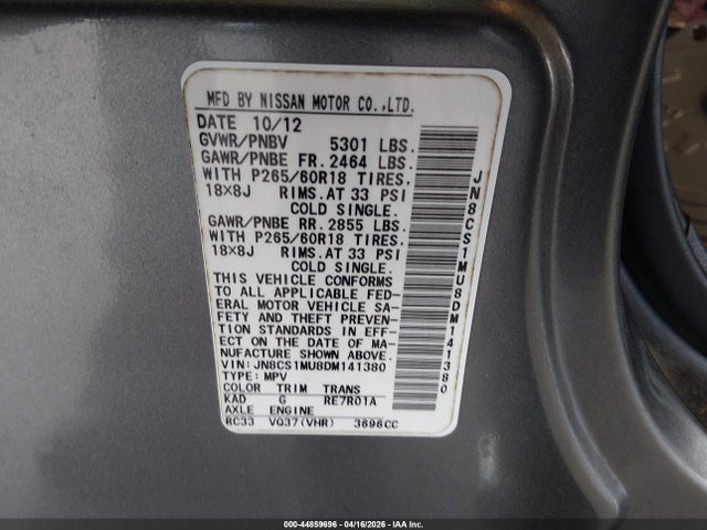 44859696 :رقم المزاد ، JN8CS1MU8DM141380 vin ، 2013 Infiniti Fx37 مزاد بيع
