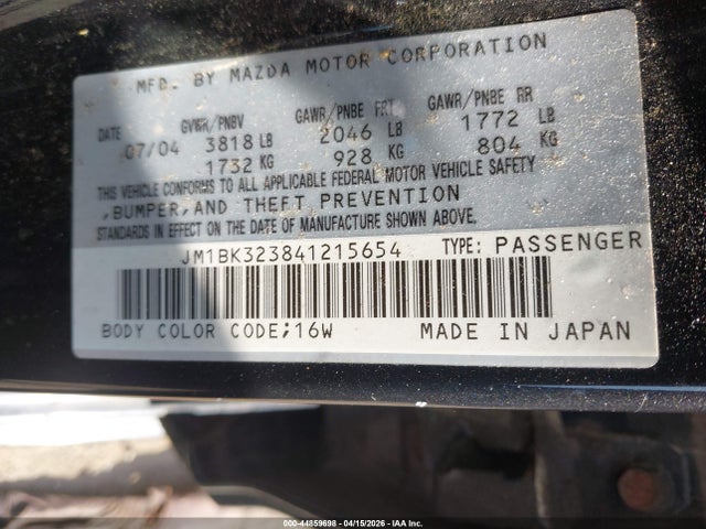 44859698 :رقم المزاد ، JM1BK323841215654 vin ، 2004 Mazda Mazda3 S مزاد بيع