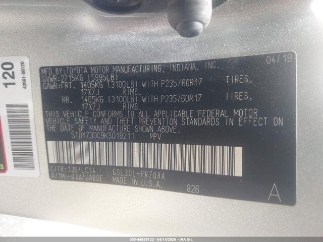 Aukcja sprzedaży 2019 Toyota Sienna Xle 8 Passenger, vin: 5TDYZ3DC9KS019211, numer aukcji: 44859722