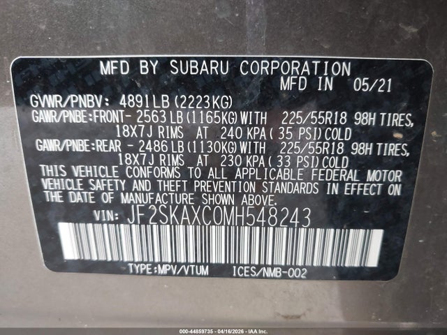 2021 Subaru Forester Touring მანქანა იყიდება აუქციონზე, vin: JF2SKAXC0MH548243, აუქციონის ნომერი: 44859735