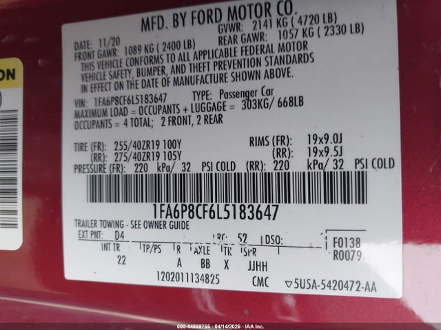 2020 Ford Mustang Gt Fastback მანქანა იყიდება აუქციონზე, vin: 1FA6P8CF6L5183647, აუქციონის ნომერი: 44859765