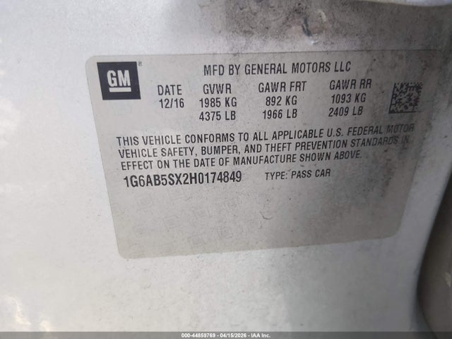 Продаж на аукціоні авто 2017 Cadillac Ats Luxury Rwd, vin: 1G6AB5SX2H0174849, номер лоту: 44859769