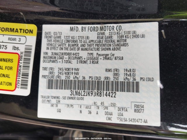 44859774 :رقم المزاد ، 3LN6L2JK9DR814422 vin ، 2013 Lincoln Mkz مزاد بيع
