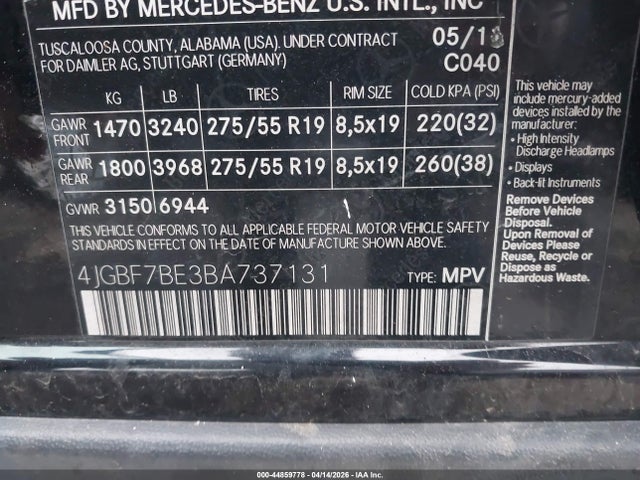 44859778 :رقم المزاد ، 4JGBF7BE3BA737131 vin ، 2011 Mercedes-benz Gl 450 4matic مزاد بيع