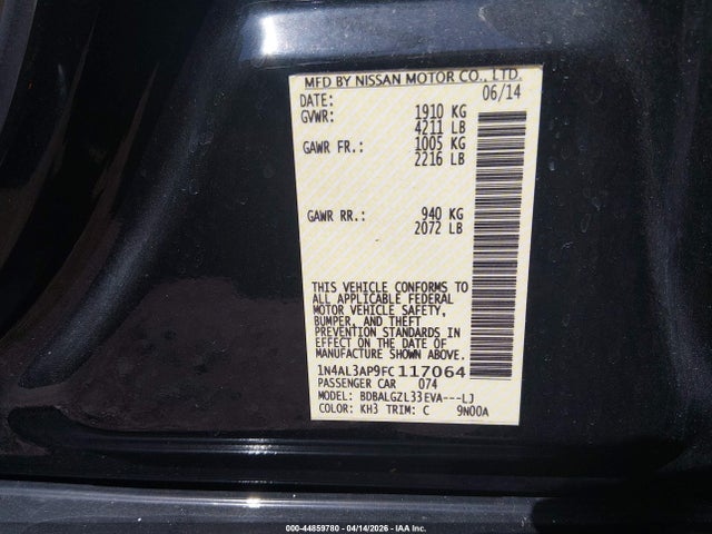 Продаж на аукціоні авто 2015 Nissan Altima 2.5 S, vin: 1N4AL3AP9FC117064, номер лоту: 44859780