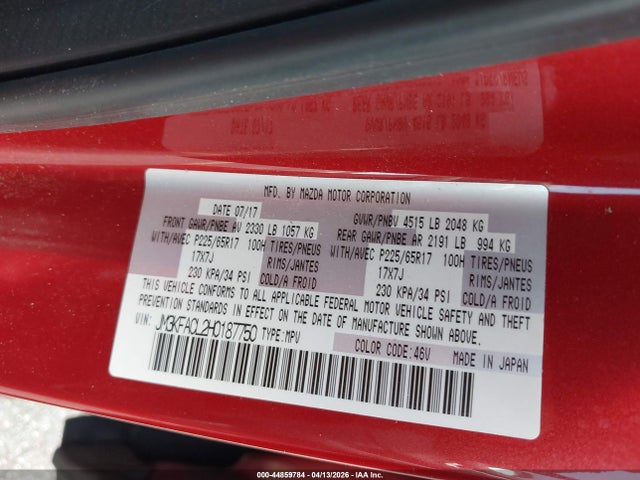 44859784 :رقم المزاد ، JM3KFACL2H0187750 vin ، 2017 Mazda Cx-5 Touring مزاد بيع