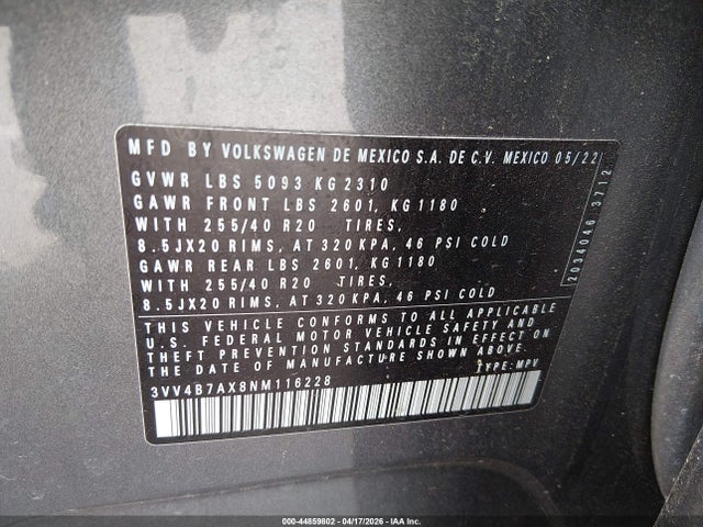 Продаж на аукціоні авто 2022 Volkswagen Tiguan 2.0t Sel R-line, vin: 3VV4B7AX8NM116228, номер лоту: 44859802