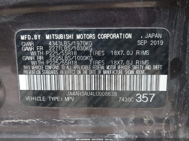 2020 Mitsubishi Outlander Sport 2.0 Es Awc მანქანა იყიდება აუქციონზე, vin: JA4AR3AU4LU008638, აუქციონის ნომერი: 44859835
