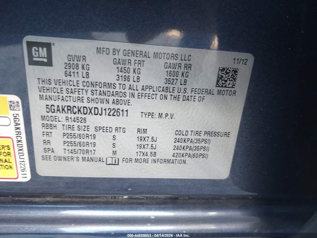 44859853 :رقم المزاد ، 5GAKRCKDXDJ122611 vin ، 2013 Buick Enclave Leather مزاد بيع