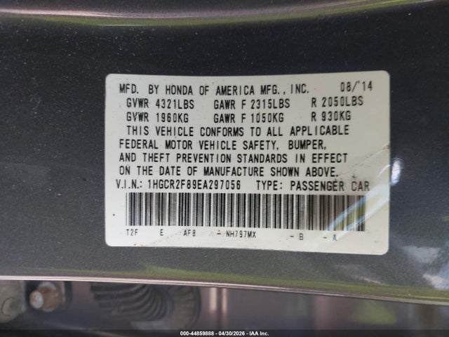 44859888 :رقم المزاد ، 1HGCR2F89EA297056 vin ، 2014 Honda Accord Ex-l مزاد بيع