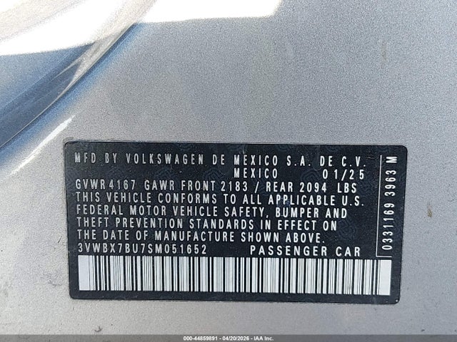 Aukcja sprzedaży 2025 Volkswagen Jetta 1.5t Sport, vin: 3VWBX7BU7SM051652, numer aukcji: 44859891